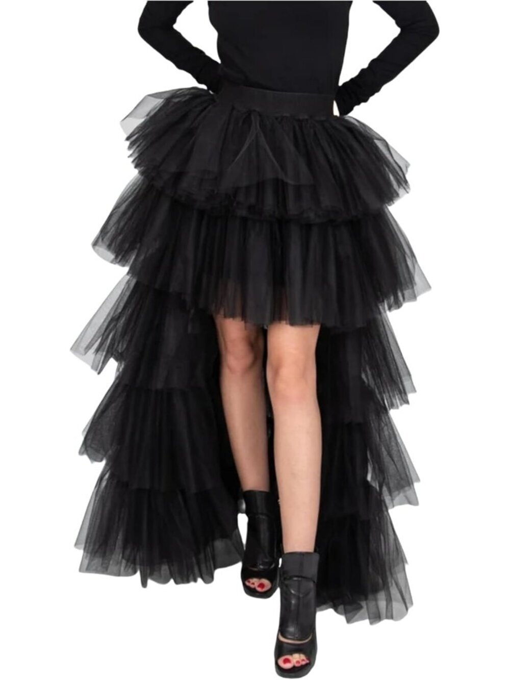 Women's Black High Low Tutu Tulle Sweet Elastic Waist Mesh Long Skirt